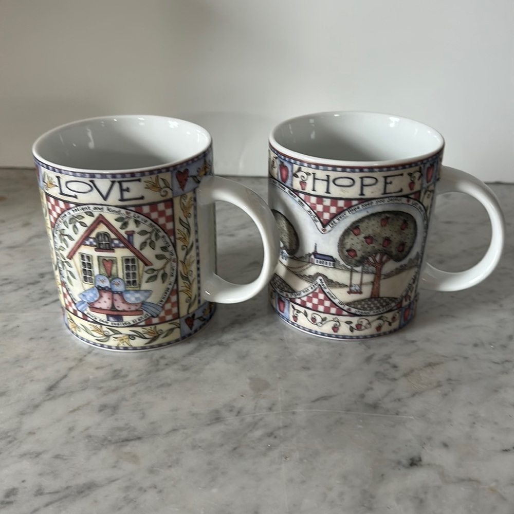 2007 Shelly Rasche “Hope” & “Love” mugs by Divinity Quality for Life - set of 2